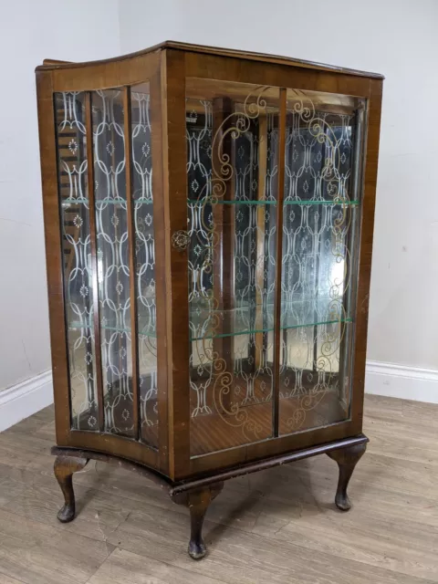 DISPLAY CABINET Walnut Glass Mirror Shelved Bow Fronted Art Deco Inlaid Detail 2