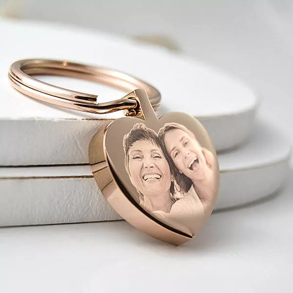 Personalised Metal Heart Keyring with Photo Engraving, Perfect Mother's day gift