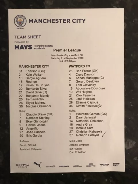 Man City V Watford 21.09.2019 ** Official Teamsheet **