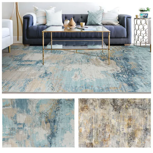 Extra Large Floor Rug/ Washable Carpet / Soft Abstract Runner/ Aqua Blue Gold