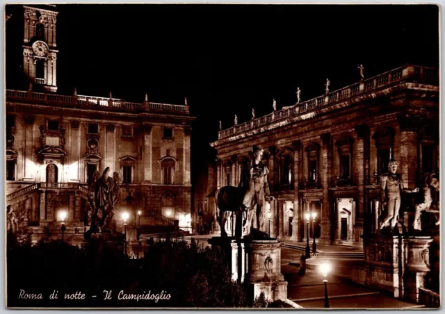 Roma Di Notte Il Campidoglio Rome Italy Real Photo RPPC Postcard