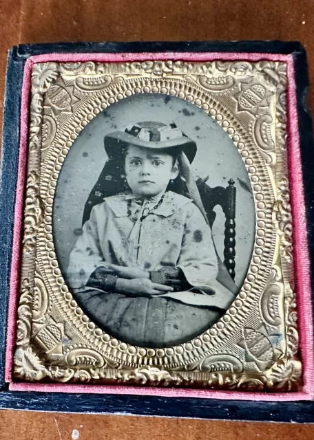 Little Girl in Summer Hat 1/9 Plate Tintype in Case Civil War Era 1860s Sick? 2