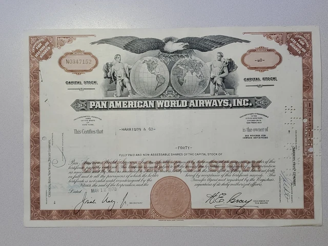 Pan American World Airways Cancelled Stock Certificate