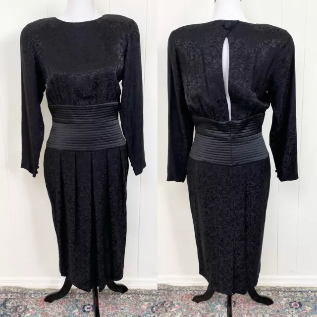 VTG Silk Studio 100% Silk Midi Sheath Dress Black Rose Print Sz 10 Long Sleeve