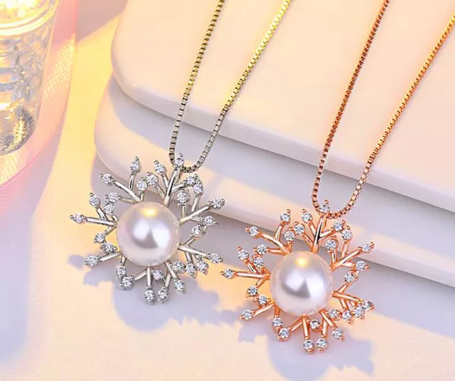 Pearl Snowflake Pendant 925 Sterling Silver  Necklace Womens Jewellery Xmas Gift