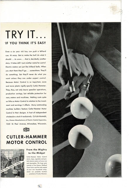 VINTAGE CUTLER HAMMER MOTOR Control For Electric Motors Billiards Ad 