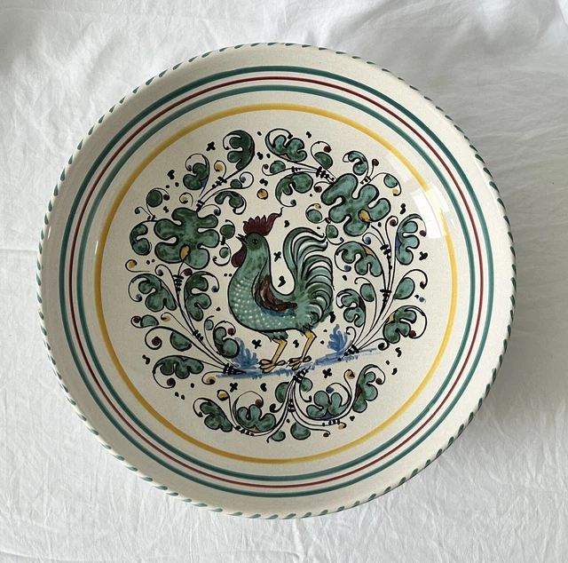 Vintage Deruta Italian Hand Painted Pottery Bowl Rooster Floral 13” Italy