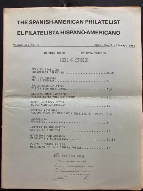 THE SPANISH-AMERICAN PHILATELIST, Vol. II No. 6, 1980, S.A.P. / F.H.A., 18pgs