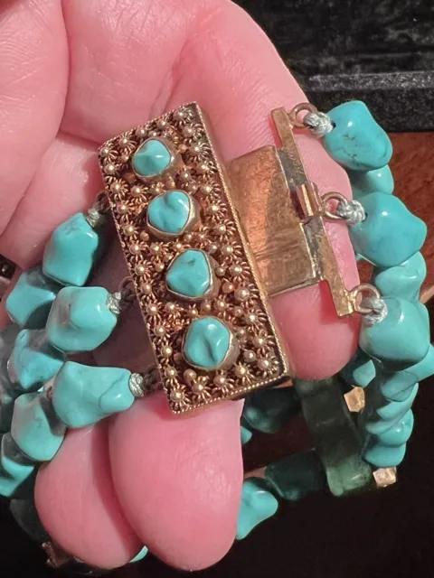 Fine Antique Chinese Export Gilt/Silver Knucklebone Turquoise 3-Strand Bracelet!