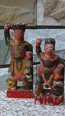 Pair Antique 18C Chinese Wood Hand Carved Temple Immortals On Foo-Lions Statues