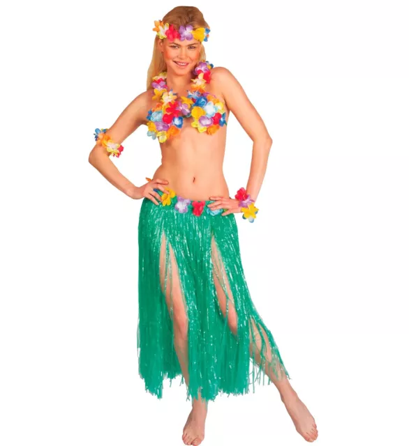 6 Pz. Hawaii Set Gonna Fiori Reggiseno Catena Hawaii Corona 2 Bracciali Verde