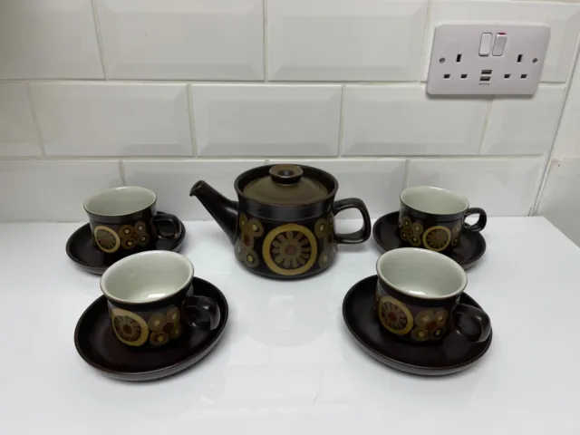 DENBY Pottery ARABESQUE Brown Vintage Retro Coffee Pot Cup Set