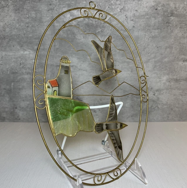 Vintage Capiz Shell Seagulls & Lighthouse Brass Wire Wall Hanging 10.75"