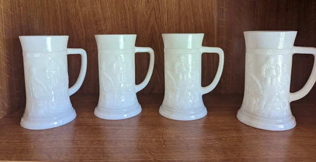 Vintage White Milk Glass Mugs Beer Steins Set of 4 Raised Pub Scene