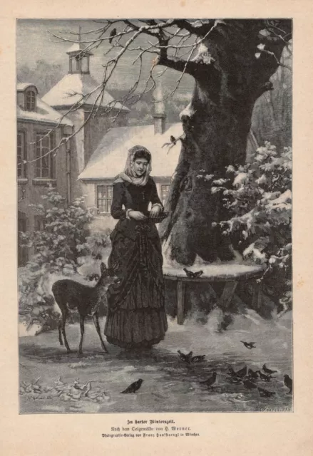 "In harter Winterszeit" Mädchen füttert Reh und Vögel HOLZSTICH  1886 Genrebild