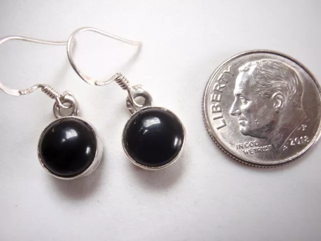 Small Black Onyx Round 925 Sterling Silver Dangle Earrings