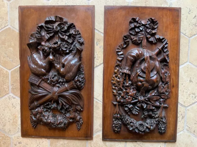 Pair Gorgeous French Architectural Walnut  Wood Door Panels Hand Carved C1880