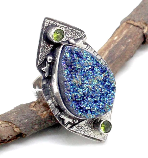 925 Sterling Silver Druzy Quartz & Peridot Gemstone Jewelry Ring (US) Size-8