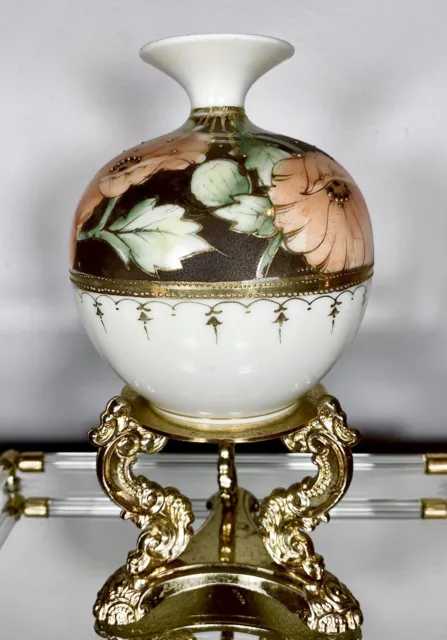 Antike handbemalte Nippon Urne vergoldet Mohn Blumenmuster Perlen Moriage Porzellan Vase 3