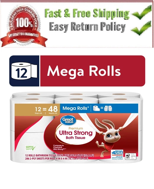 GREAT VALUE ULTRA Strong Toilet Paper, 242 sheets of 2ply, 12 Mega