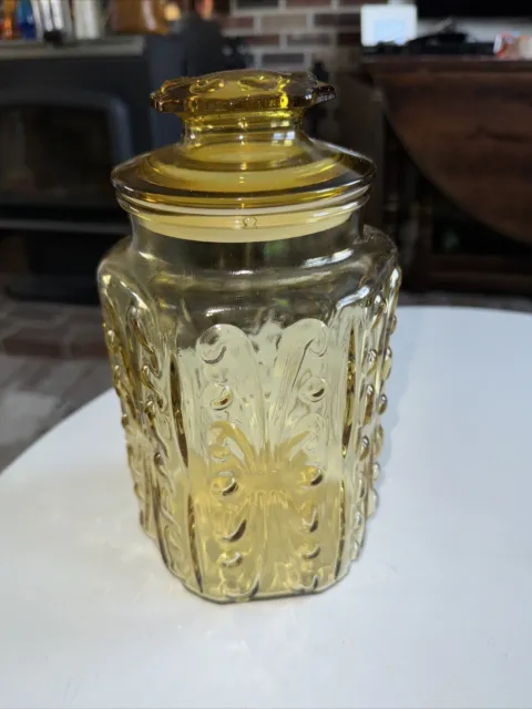 Vintage Imperial Glass Yellow Amber Atterbury Scroll Canister Jar W/ Lid 9"