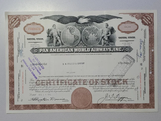 Pan American World Airways Cancelled Stock Certificate
