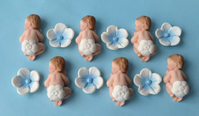12 X edible sleeping babies ( Tiny ) & flowers  Baby shower cupcake topper
