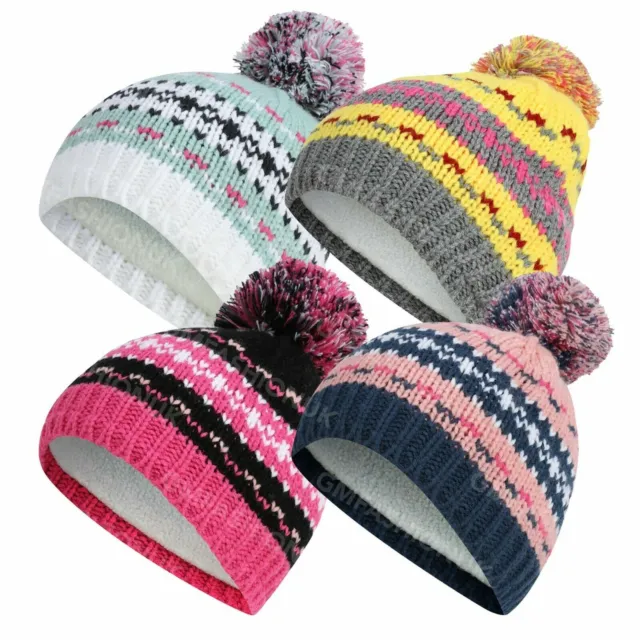 Kids Girls Childrens Knitted Pom Pom Winter Warm Beanie Bobble Thermal Ski Hat