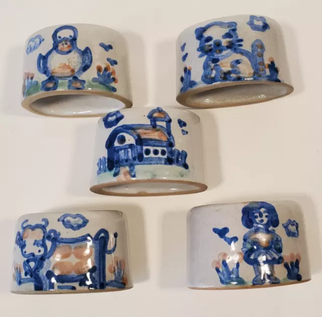 M A Hadley Country Pottery Napkin Rings Cow Cat Duck Barn Lady  set of 5