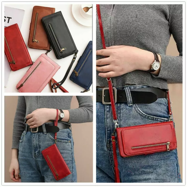 Crossbody Holder Card Wallet Stand + Long Strap PU Leather Case Cover For Phone