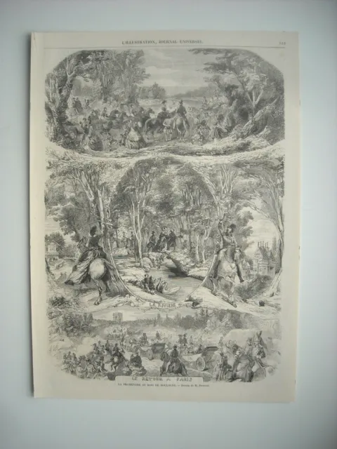 Gravure 1859. Promenade Au Bois De Boulogne. Les Lacs. La Riviere. Retour Paris.