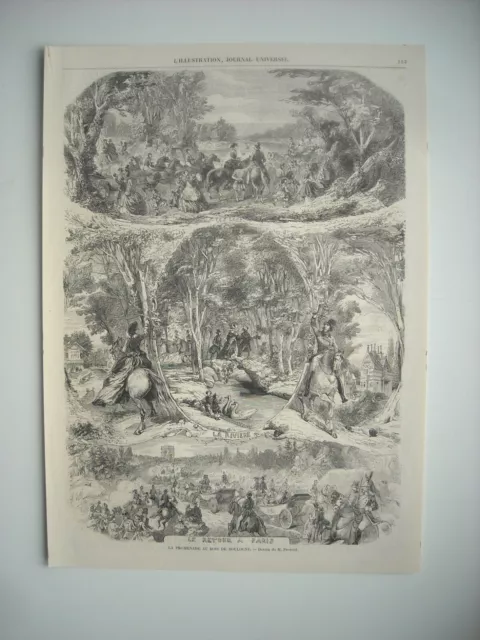 Gravure 1859. Promenade Au Bois De Boulogne. Les Lacs. La Riviere. Retour Paris.