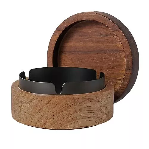 Outdoor Ashtray with Lid for Cigarette, Indoor Wooden Smokeless Stainless Steel