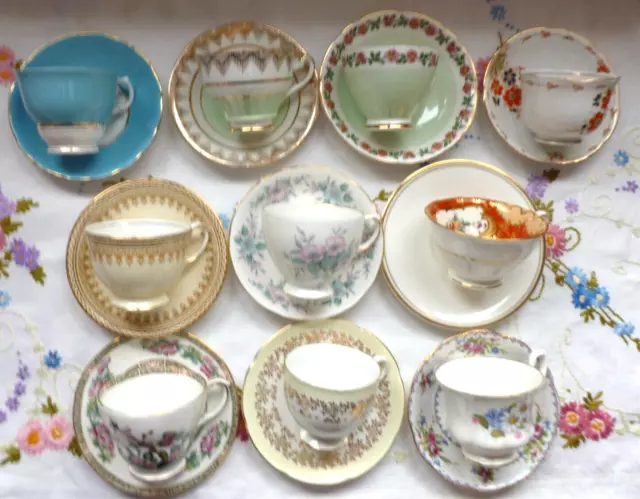 Vintage Bone China ~ 10 Tea Cups 10 Saucers £10.00 ~ Mismatched Multicoloured