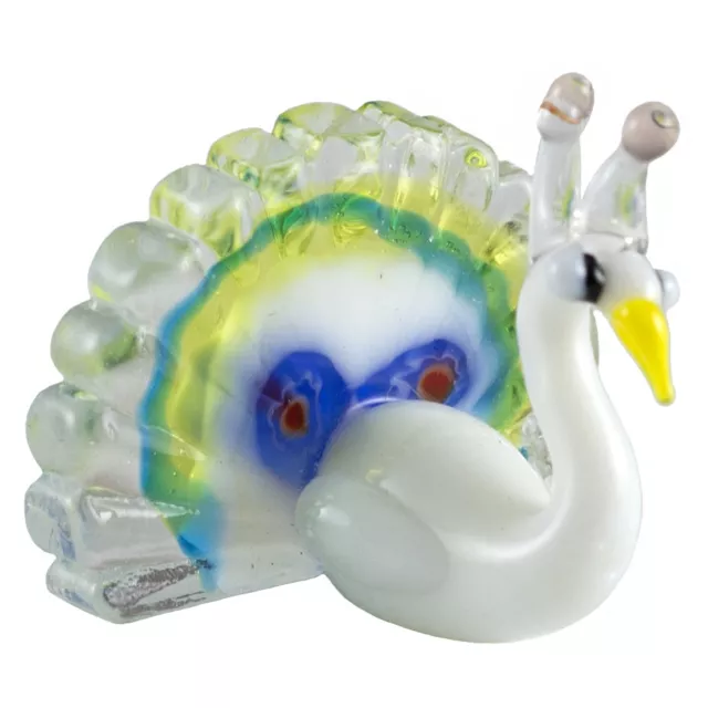 Hand Blown Art Glass Miniature Peacock Figurine 1" High White