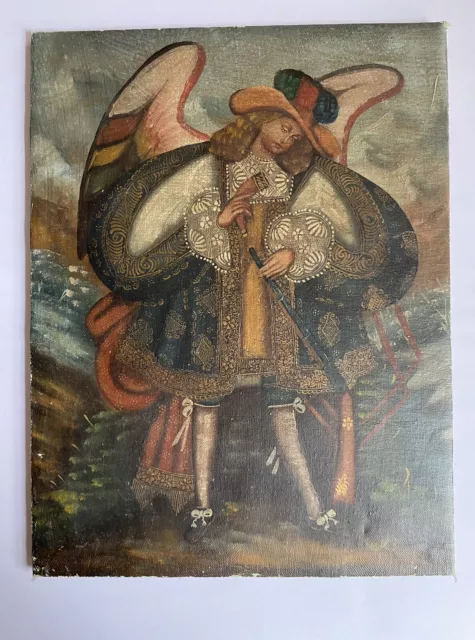 Antique oil painting 'Angeles Arcabuceros' 18th century Cuzco Peru- Fine quality