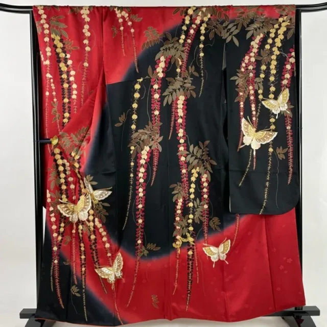 Woman Japanese Kimono Furisode Silk Butterfly Flower Gold Thread Foil Red Black