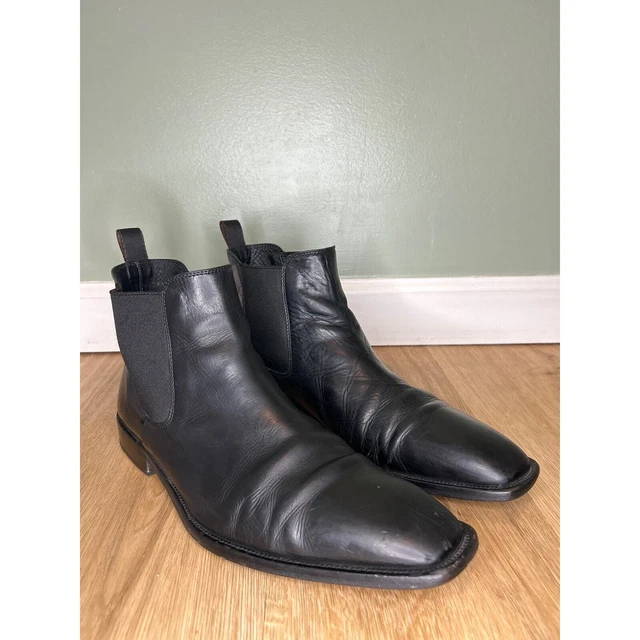 HUGO BOSS MEN’S 9 UK 8 Black Leather Chelsea Boots Pull On Square Toe