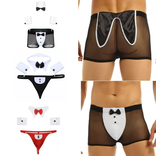 Men Waiter Sexy Uniform Tuxedo Lingerie Set Mini Thongs Bow Tie Collar Bracelets