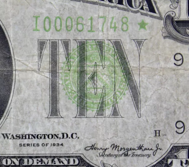 Rare $10 1934 Star Light Vivid Yeliow-Green FRN I00061748* plain series MN I9
