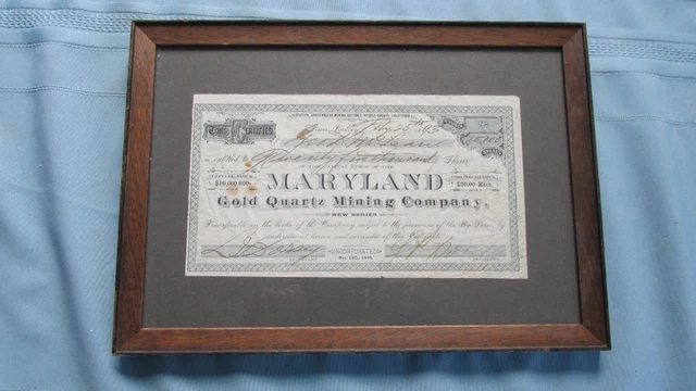 1893 Grass Valley California Maryland Gold Quartz Mining Co. Stock-Uncancelled