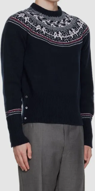 $1090 Thom Browne Men's Blue Icelandic Fair Isle Wool Pullover Sweater Size 3/L