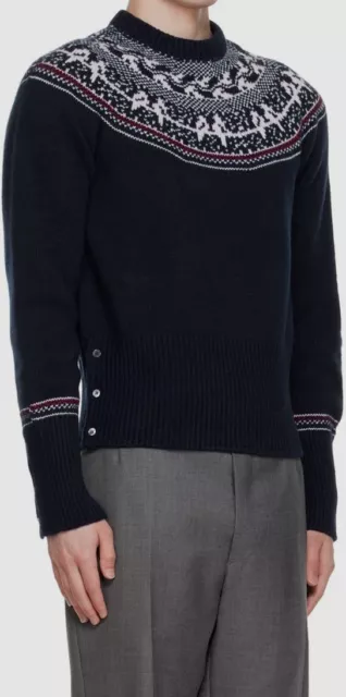 $1090 Thom Browne Men's Blue Icelandic Fair Isle Wool Pullover Sweater Size 3/L $1090 Thom Browne Men's Blue Icelandic Fair Isle Wool Pullover Sweater Size 3/L