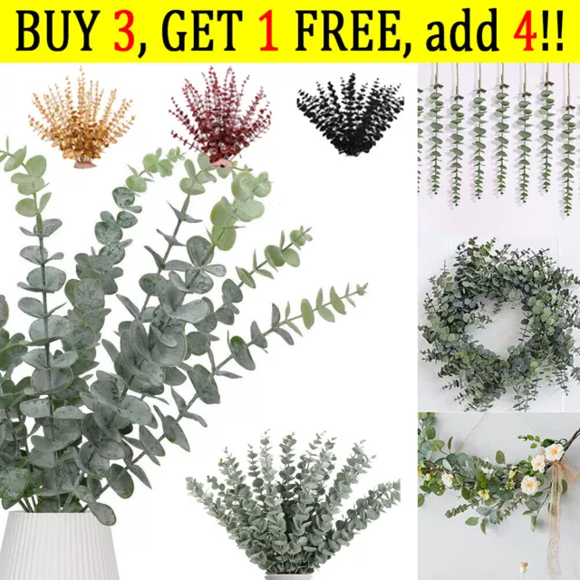 10x Artificial Eucalyptus Fake Leaf Green Plant Silk Flowers Stem Home Decor ~