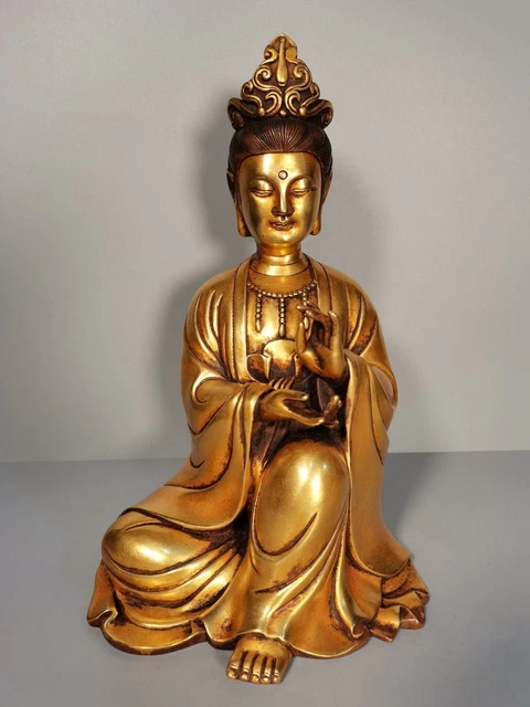 11.4" Large Antique Chinese Gold Bronze "GuanYin" Buddha Statue "YongLe" Marks