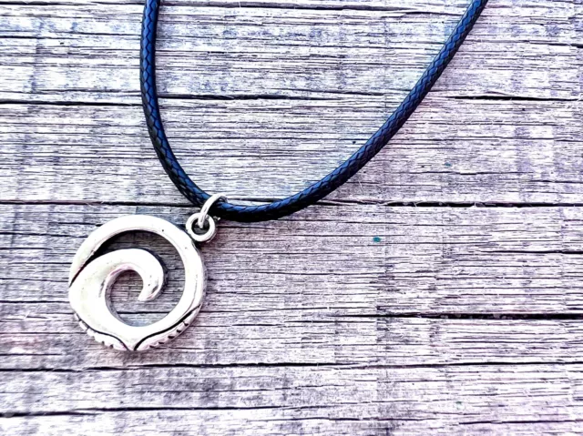 Black leather necklace with Silver Wave Surf Charm Pendant