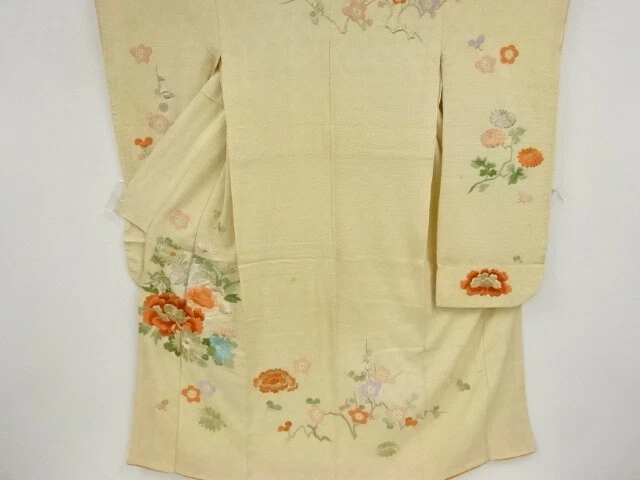 37616# Japanese Kimono / Antique Furisode / Embroidery / All Shibori / Peony