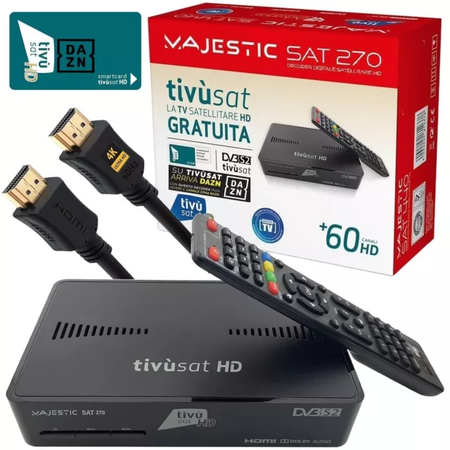 Majestic Sat 270 Decoder Satellitare Tivusat Hd Tessera Cavo Hdmi Inclusi Dazn