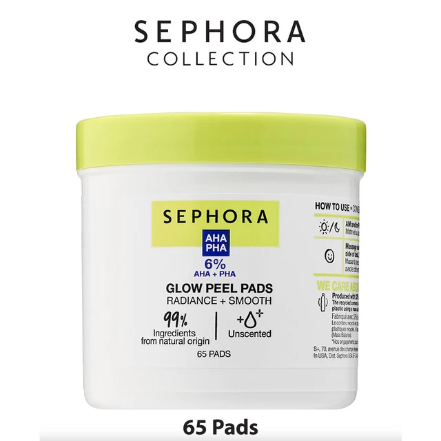 Almohadillas exfoliantes faciales brillantes de la colección Sephora con AHA + PHA, envío gratuito (65 almohadillas)