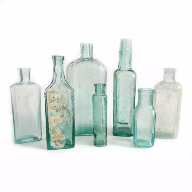 7 Antique Victorian Style Glass Aqua Green Old Apothecary Medicine Bottles Set 4